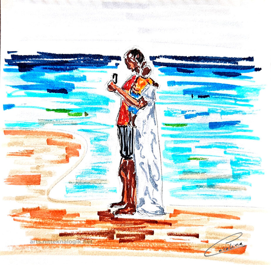 Escena de Madre con niño en brazos mirando el móvil en la playa