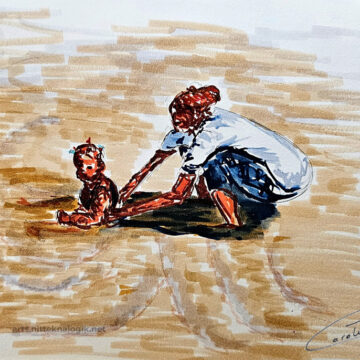 Escena de madre jugando con niña en la playa