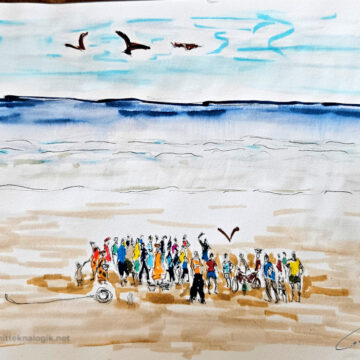 Escena de grupo comprando pescado recién llegado en la playa