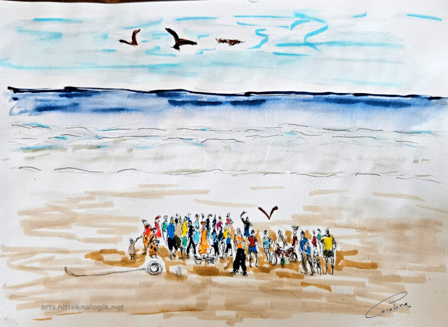 Escena de grupo comprando pescado recién llegado en la playa