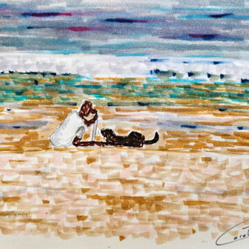 Escena de persona sentada jugando con perro