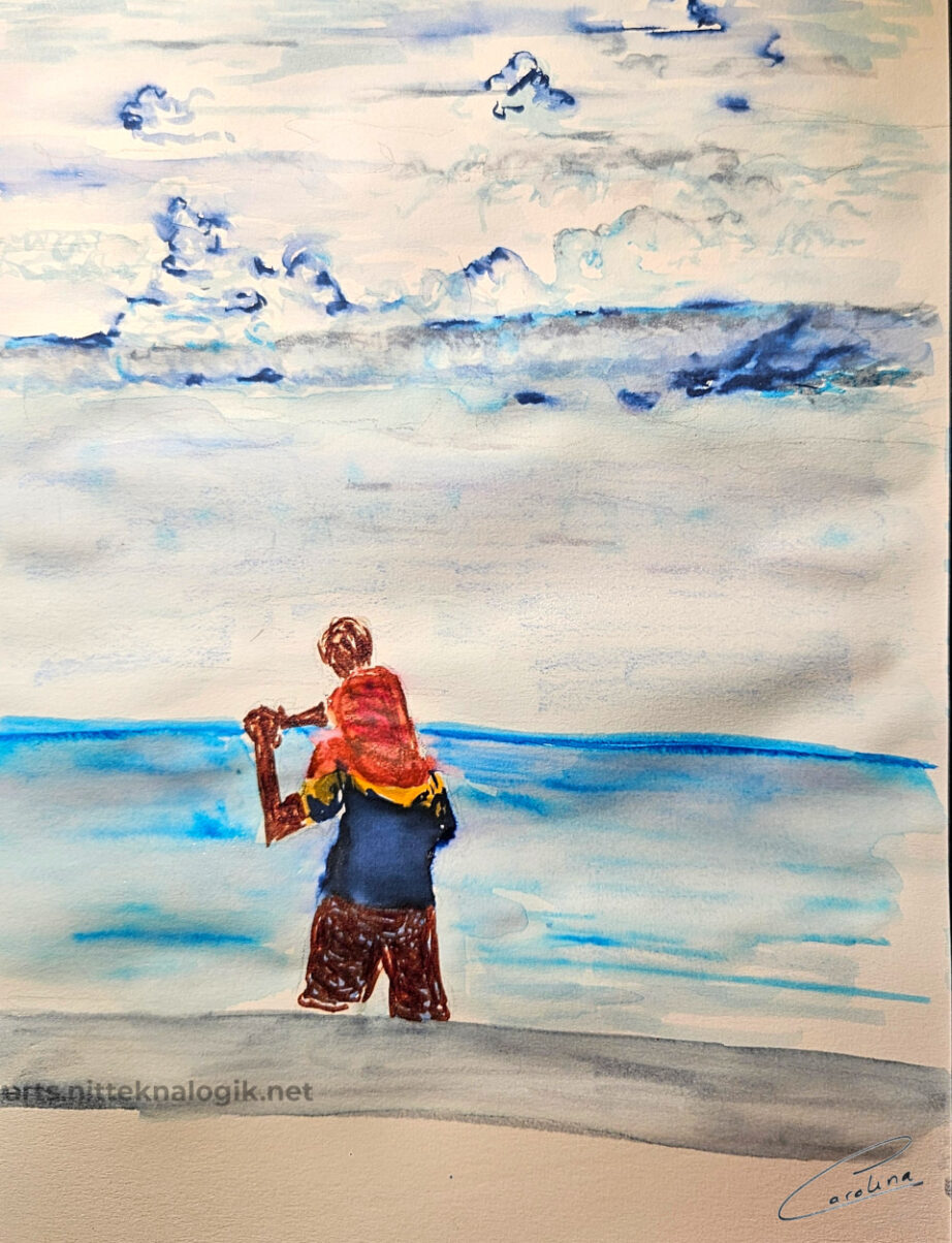 Escena de hombre con niño al hombro frente al mar