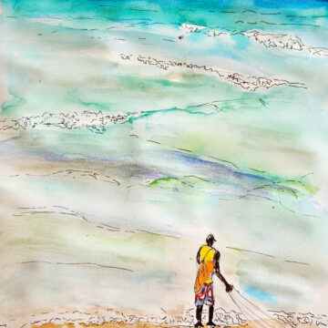 Escena de pescador pescando en la orilla de la playa