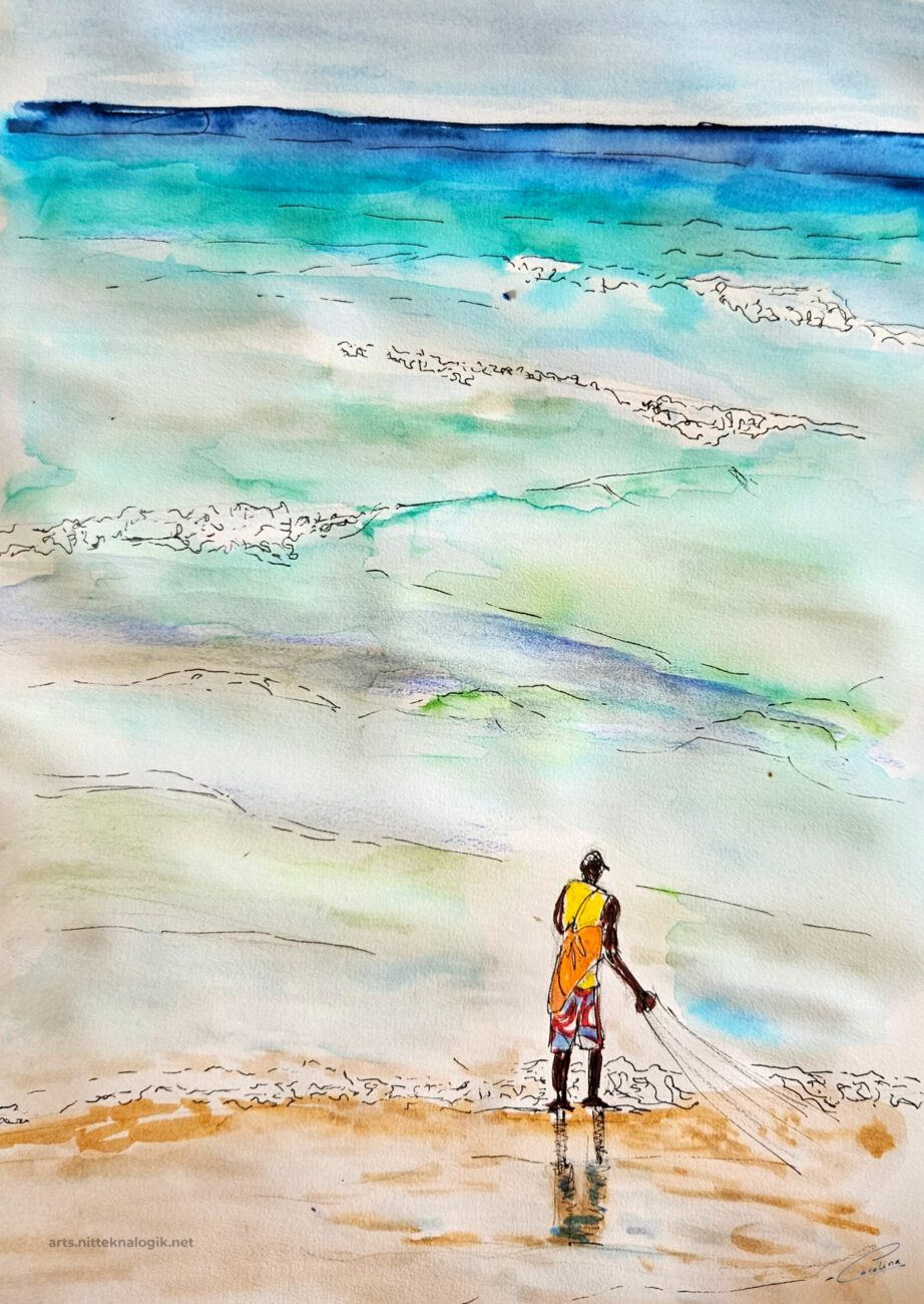 Escena de pescador pescando en la orilla de la playa