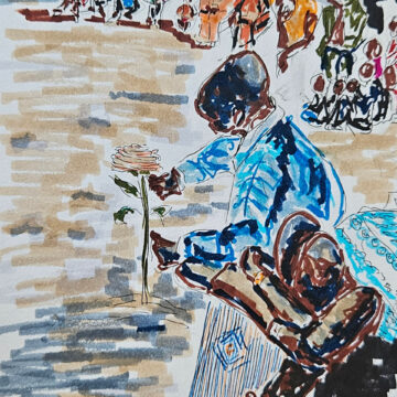 Escena de niño mirando una rosa