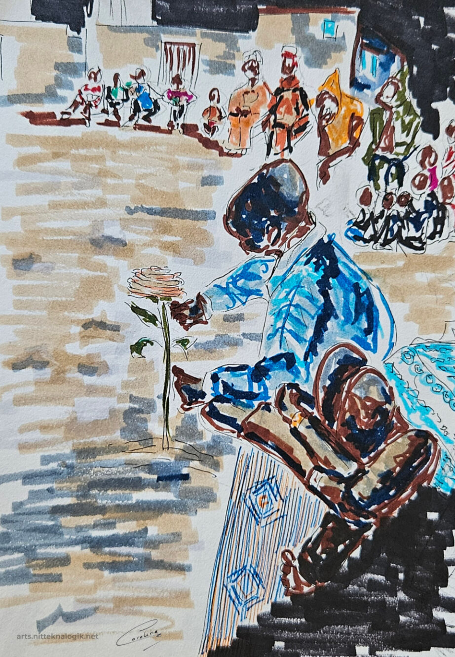 Escena de niño mirando una rosa