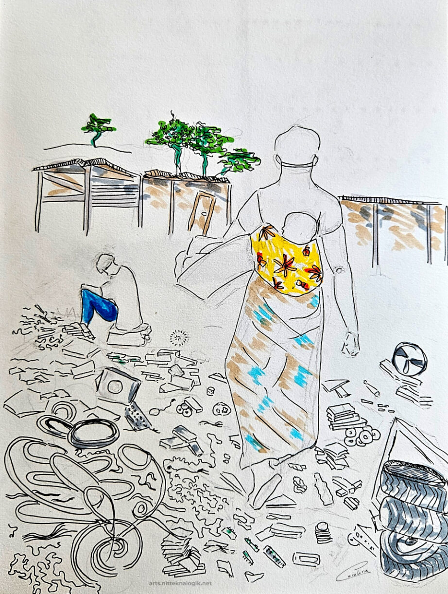 Mujer con bebé en medio de un vertedero electrónico